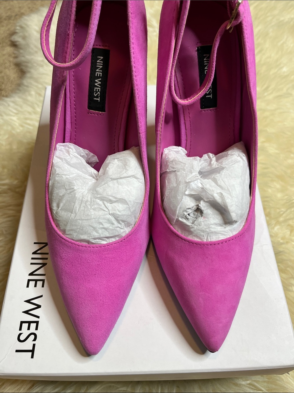 NIB Nine West Plana Pump Magenta Suede - Size 7 Barbie Block Heel Ankle Strap - Picture 4 of 8